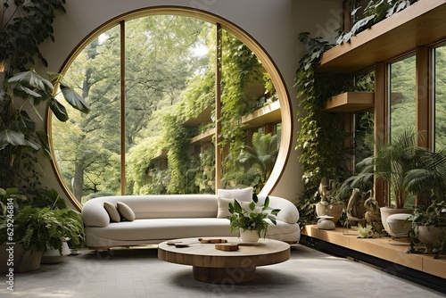 Huge Interior Design. Wooden Interior with White Sofa and an Huge Flora Area. Green