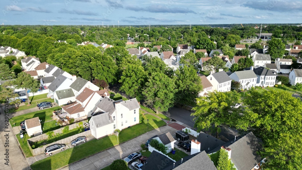 Fototapeta premium Aerial view of a residential neighborhood surrounded by lush greenery on a sunny day