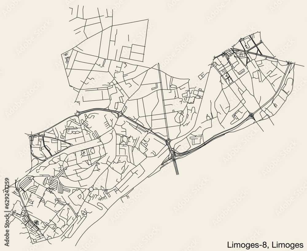 Detailed hand-drawn navigational urban street roads map of the LIMOGES-8 CANTON of the French city of LIMOGES, France with vivid road lines and name tag on solid background