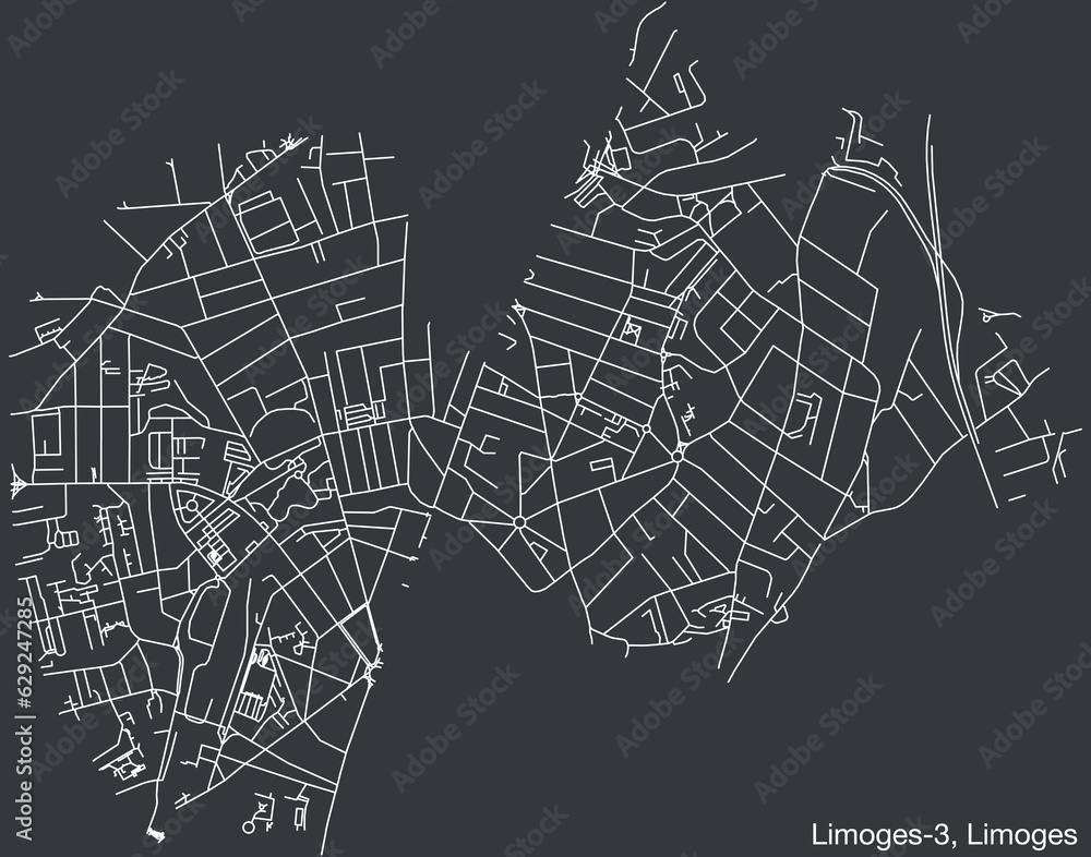 Detailed hand-drawn navigational urban street roads map of the LIMOGES-3 CANTON of the French city of LIMOGES, France with vivid road lines and name tag on solid background