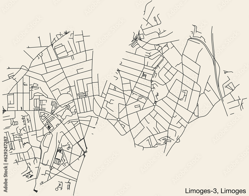 Detailed hand-drawn navigational urban street roads map of the LIMOGES-3 CANTON of the French city of LIMOGES, France with vivid road lines and name tag on solid background