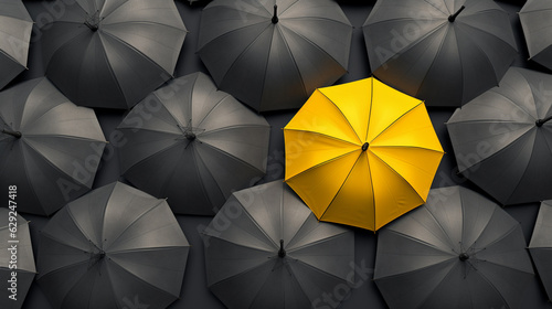 Foto Among a crowd of black umbrellas, the yellow one signifies the business concept