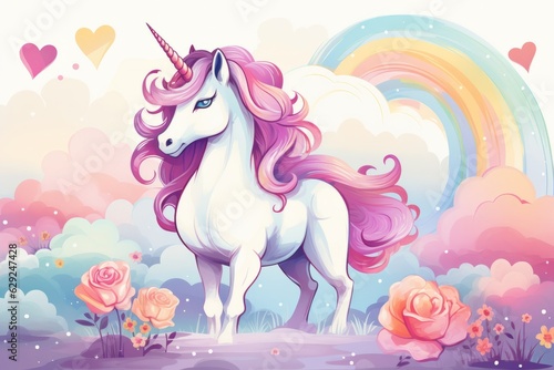 Illustration of a cartoon unicorn standing in a vibrant green field created with Generative AI technology