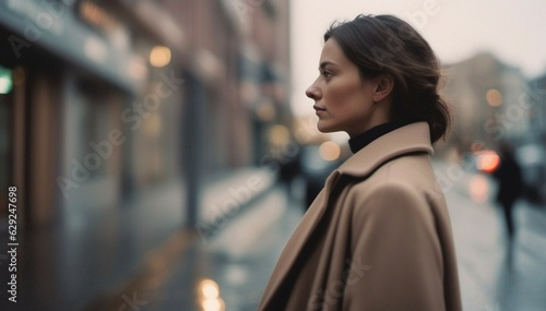 Side pose of  Women wearing brown overcoat in city with bokeh background photo