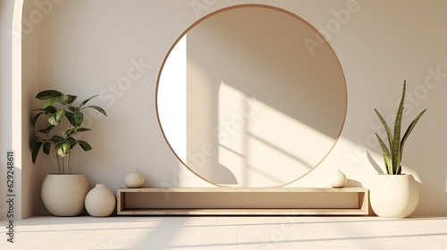 Luxury Interior Design of a Living Room with a Huge Circular Mirror. Generative AI.	