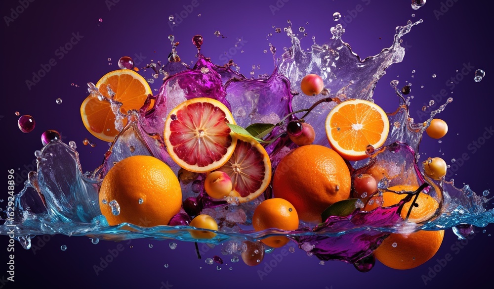 Huge Fruit Splash of Orange and Purple, Commercial Photography. Huge Fruit Splash of Orange and Purple, Commercial Photography.