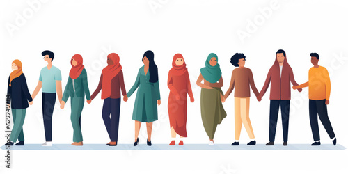 Modern multicultural society concept with people in a row. Group of different people in community standing together and holding hands. illustration isolated on white background