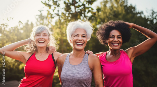 Multiracial senior women having fun together after sport workout outdoor