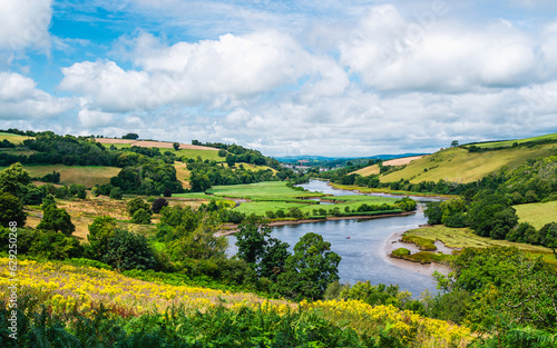 Photo Sharpham Meadows and Marsh over River Dart from a drone, Totnes, Devon, England,
