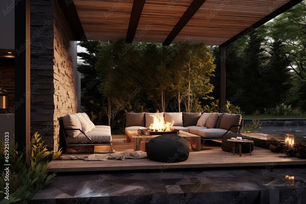 Fototapeta premium Ultra Luxurious Garden with some Armchairs and a Fire on the Middle.