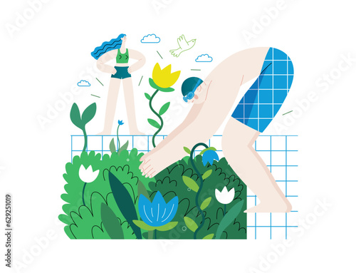 Greenery, ecology -modern flat vector concept illustration of people around the swimming pool of plants and flowers. Metaphor of environmental sustainability and protection, closeness to nature