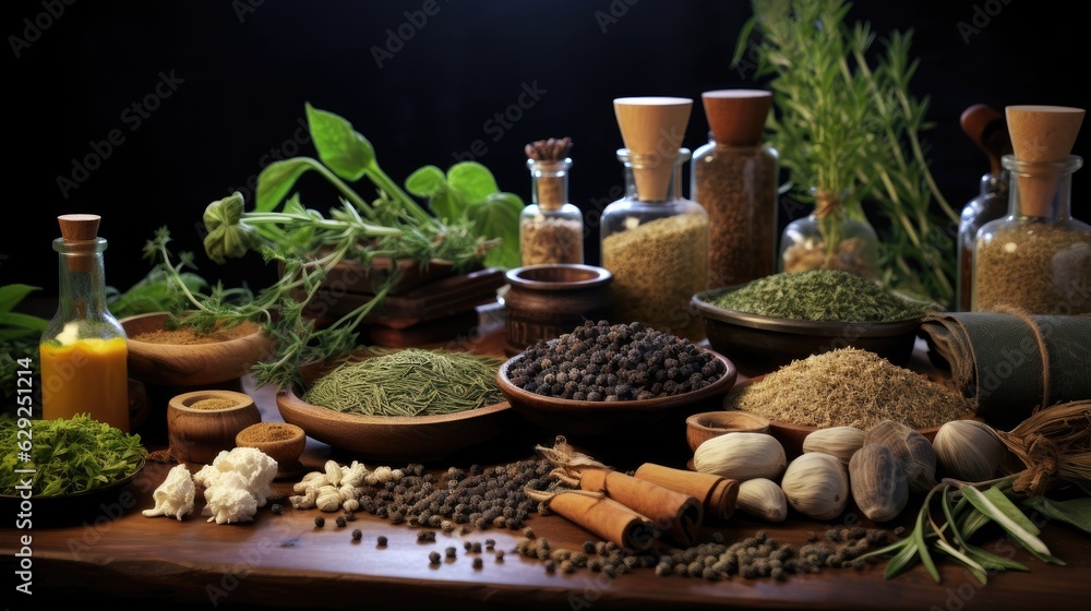 An assortment of medical herbs, natural healthcare remedies. Generative AI