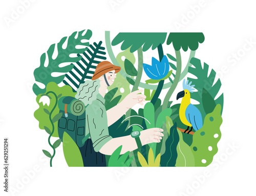 Greenery, ecology -modern flat vector concept illustration of a woman exploring the jungle and a wild bird in a tree. Metaphor of environmental sustainability and protection, closeness to nature
