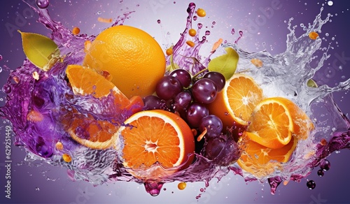 Huge Fruit Splash of Orange and Purple Grapes on a Purple Background  Commercial Photography.