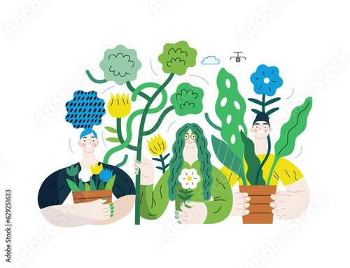 Greenery, ecology -modern flat vector concept illustration of people surrounded by plants and flowers. Metaphor of environmental sustainability and protection, closeness to nature