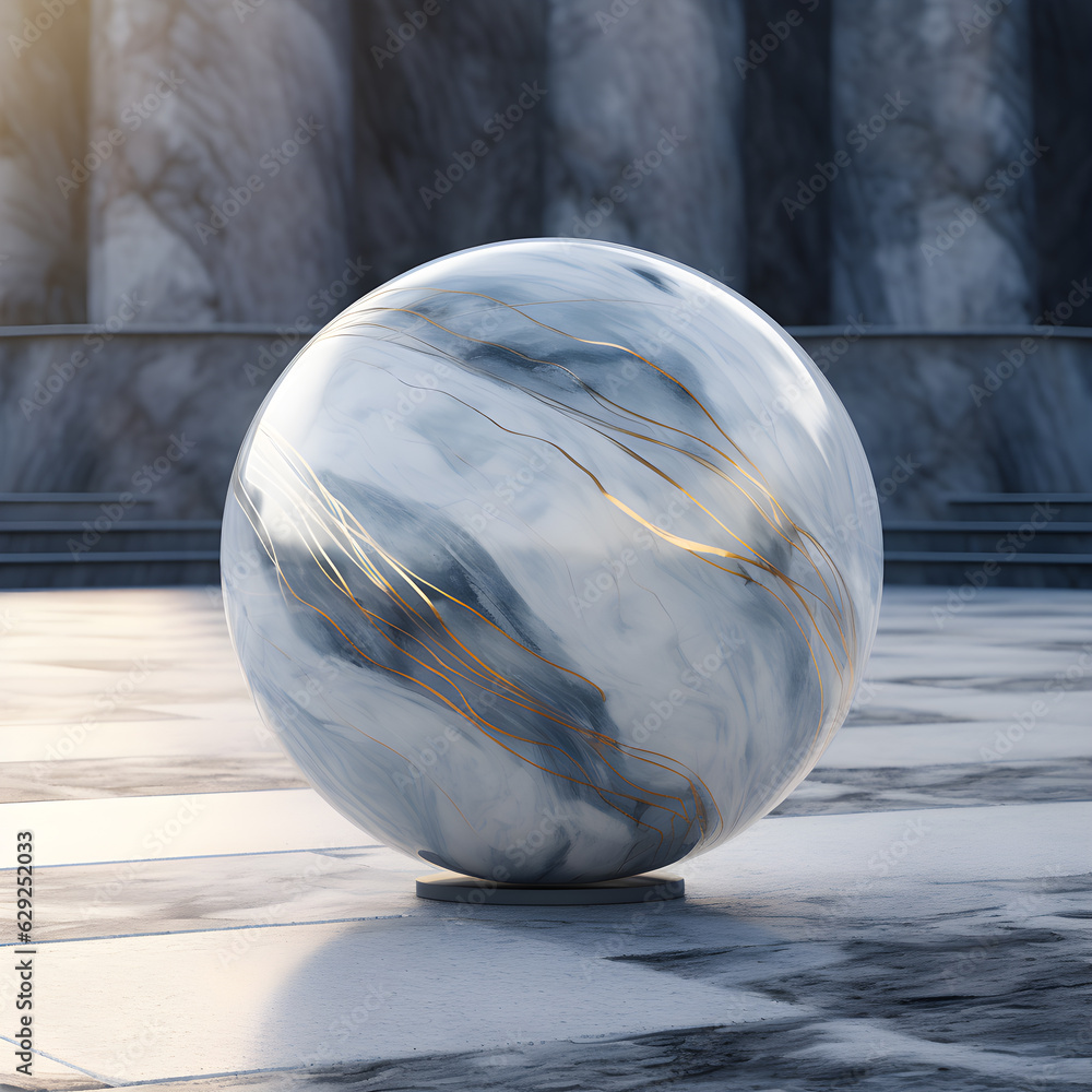 A marble sphere veined with gold stands on a marble floor