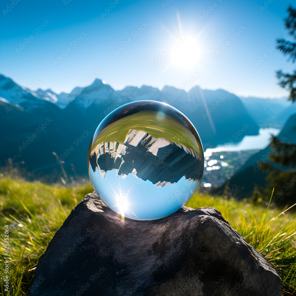 A lens ball reflects a Swiss mountain against a bright blue sky