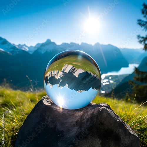 Obraz na płótnie A lens ball reflects a Swiss mountain against a bright blue sky w salonie