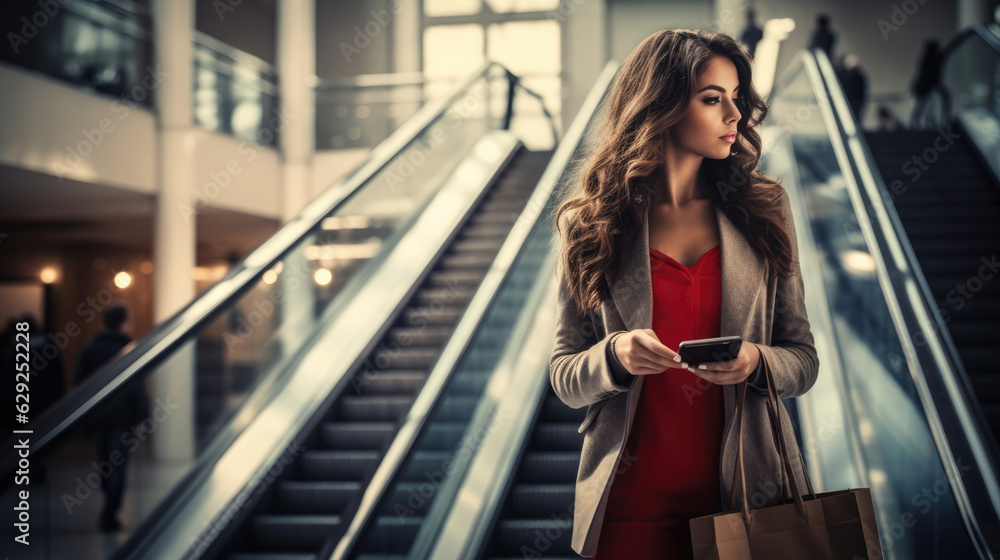 Woman using tablet and holding Black Friday shopping bag while standing on the stairs with the mall background