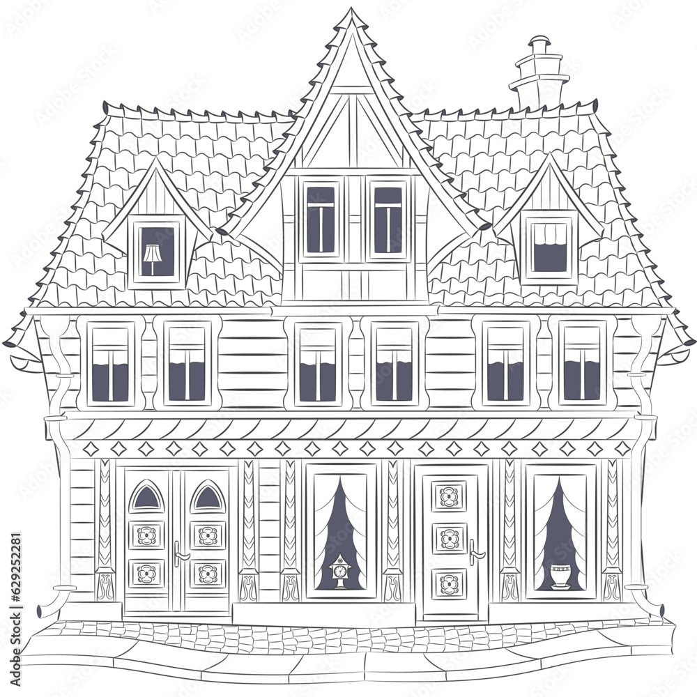 Black and white drawing of an old half-timbered house in Wernigerode. Germany.