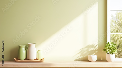 Selective focus.cozy counter bar kitchen wall window or living room with interior decoration.ai generated images