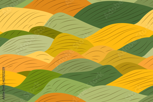Aerial view of a hilly area with farm fields. Stylized image of fertile pastures and agricultural land. Natural farming. Country spaces. Harvest of wheat, grain, soybeans, rapeseed, oats, barley