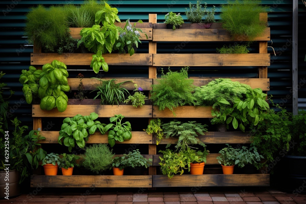 A Green Wall with lot of Pots with Plants.