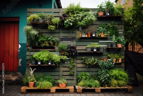 A Green Wall with lot of Pots with Plants.