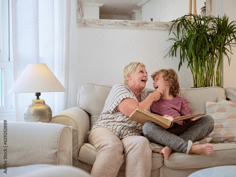 Grandmother and grandson laughing together