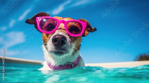 Funny Shot of a Dog Wearing Sunglasses on a Pool. © Boss