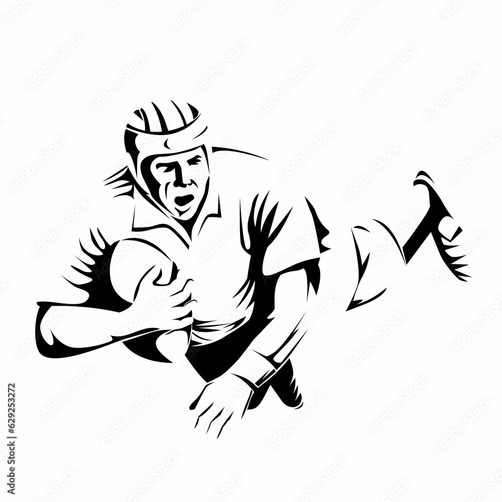 Rugby Player Diving to Score a Try Retro Black and White