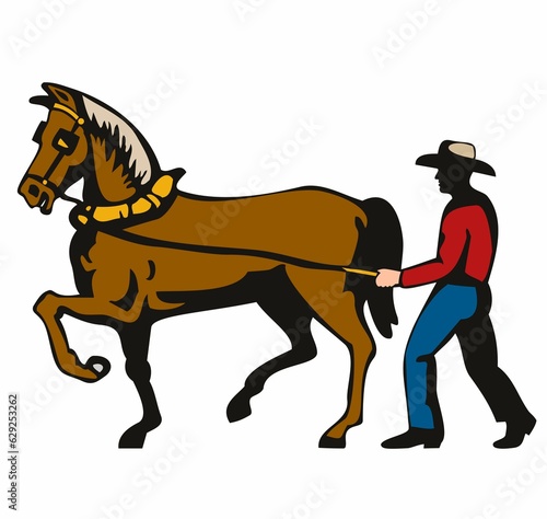 Farmer and Work Horse Side View Isolated Retro Style