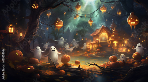 a group of friendly ghosts and playful witches, halloween