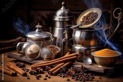 Composition created with coffee beans, various tools and various spices.