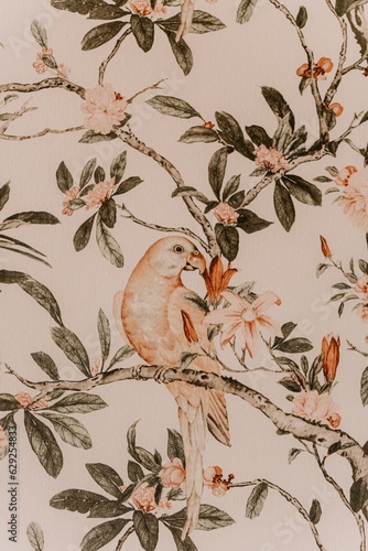 Photography Modern room wallpaper with a vibrant floral arrangement featuring small birds