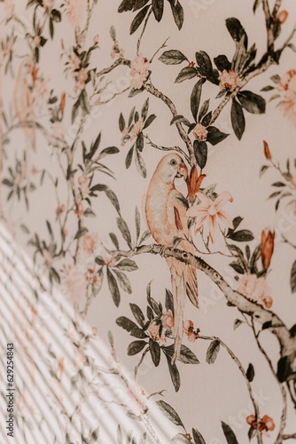 Photography Cozy bedroom featuring modern wallpaper with birds and plants with the shadow of