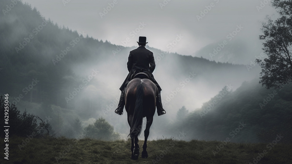 illustration of person riding a horse in the mountains. Created with Generative AI illustration of person riding a horse in the mountains. Created with Generative AI