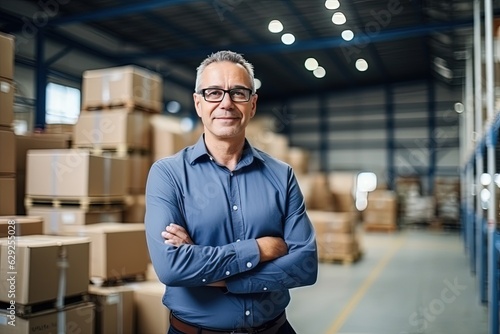 Portrait of an accountant in warehouse. Businessman standing in his fabric warehouse, looking at camera and smiling.