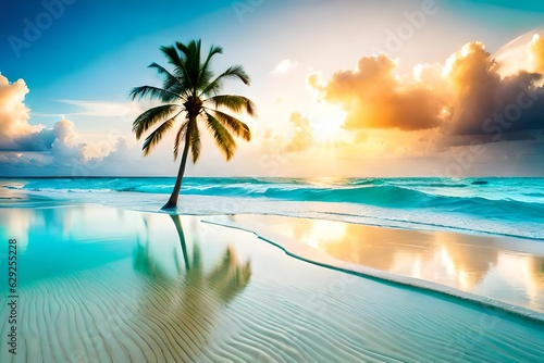  Beautiful tropical beach with white sand, turquoise ocean on background blue sky with clouds on sunny summer day. Palm tree leaned over water