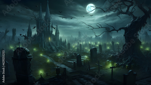 a haunted graveyard with tombstones that come to life. halloween