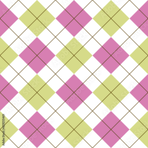 Seamless pink green argyle pattern. Traditional diamond check print. Vintage seamless background.
