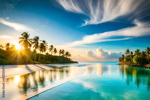  Beautiful tropical beach with white sand  turquoise ocean on background blue sky with clouds on sunny summer day. Palm tree leaned over water