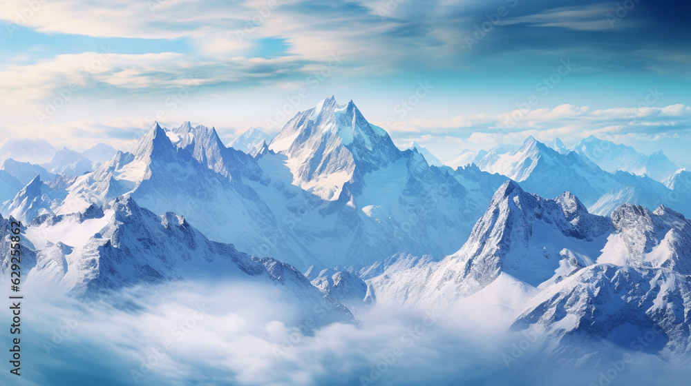 Obraz premium Landscape illustration of alps with a snow rock mountain. Created with Generative AI