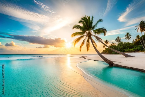  Beautiful tropical beach with white sand  turquoise ocean on background blue sky with clouds on sunny summer day. Palm tree leaned over water