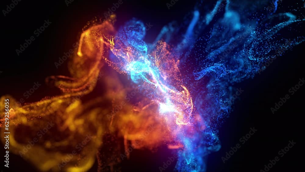 Fire and ice background animation. Fluid motion of orange and blue particles mixing in the water