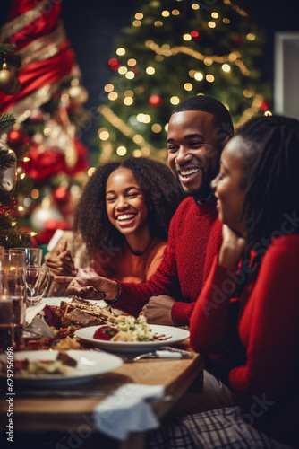 Happy family eating festive Christmas dinner with kids at home  Christmas tree in background. Generative AI