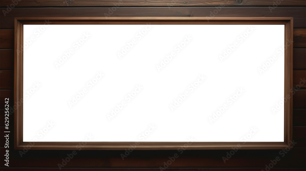 Obraz premium illustration of wooden frame with blank banner on wood wall. Created with Generative AI 