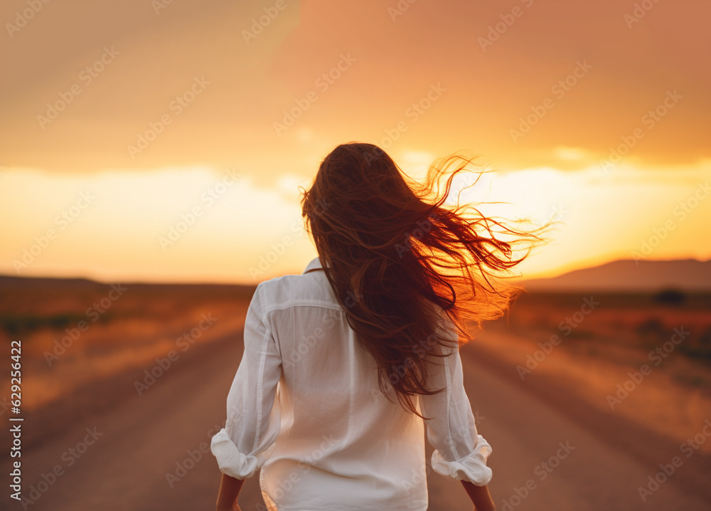 illustration of young woman walking a road to the sunset. Created with Generative AI illustration of young woman walking a road to the sunset. Created with Generative AI
