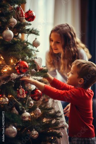 Happy young kids decorating Christmas tree at home. Festive family time. Generative AI © marcin jucha