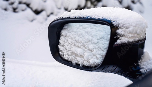 Closeup shot of a car side mirror covered with snow on white snowy ground